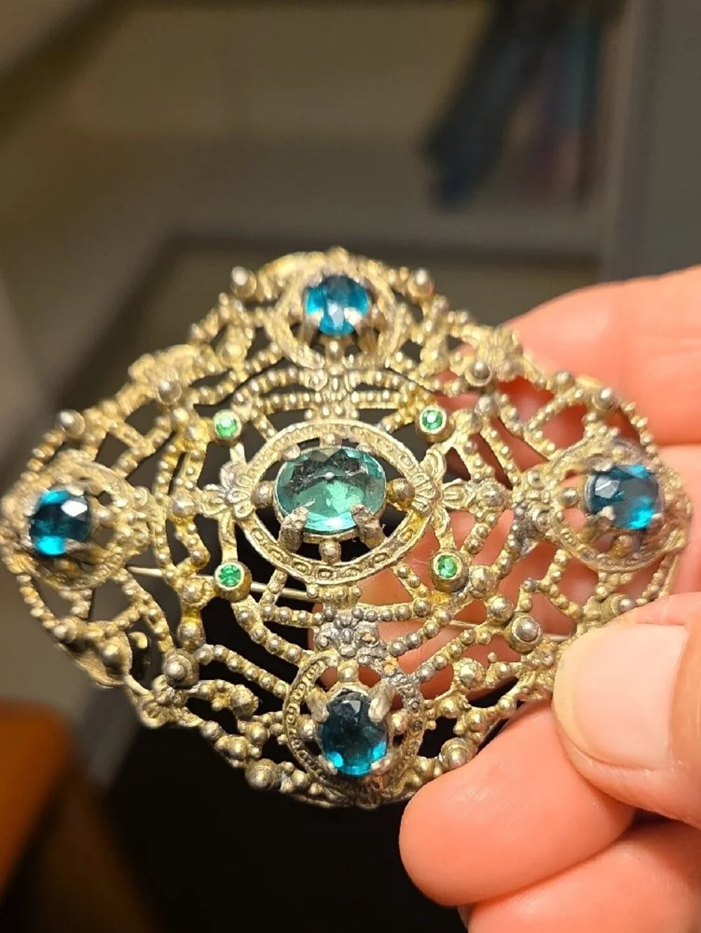 Vintage Czech Brass Filigree Brooch with Teal and Green Stones - Picture 7 of 8